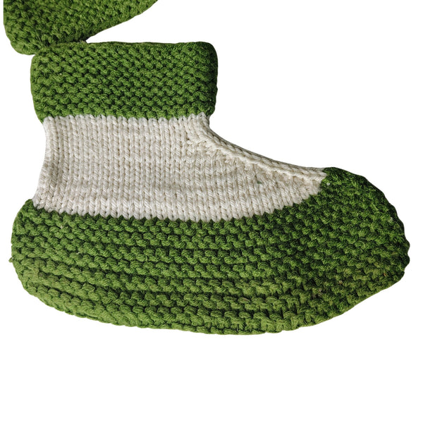 1970s Handmade Crochet Knit House Slippers Socks Booties Green White 10 In. [Vintage]