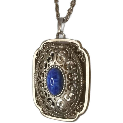 Avon Vintage Ornate Filigree Photo Yesteryear Locket Gold Blue Cabochon Necklace