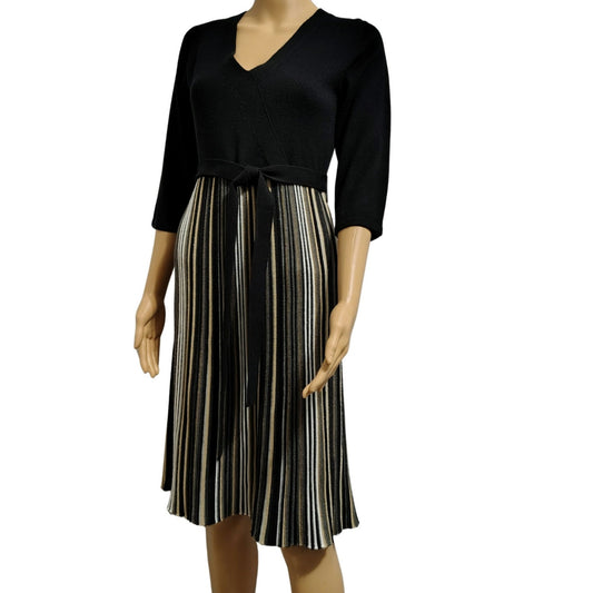 Studio 1 Striped Belted Midi Knit Fit & Flare V Neck Sweater Dress Black Size M