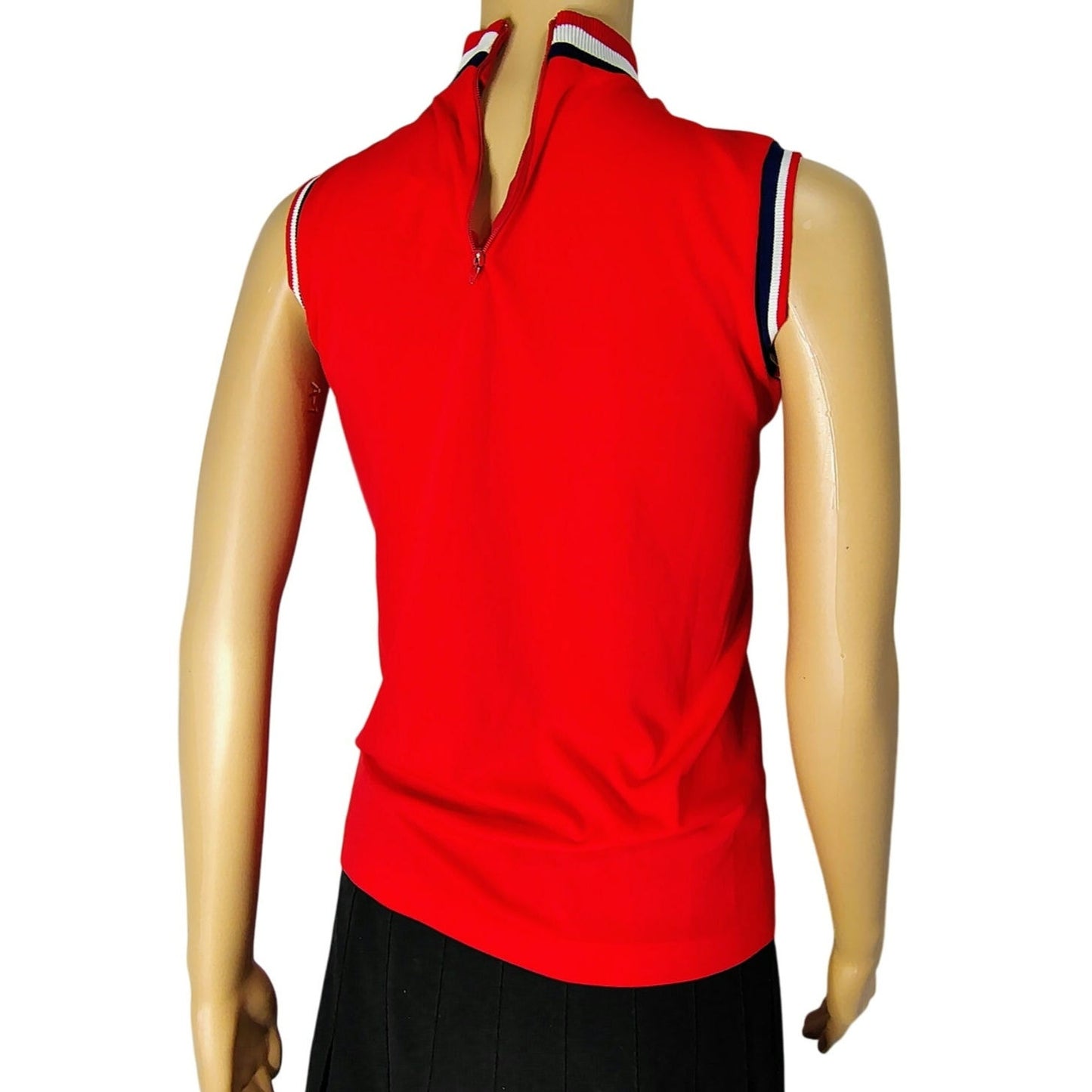 70s Red White Blue High Neckline Sleeveless High Neck Top Back Zipper Size Small [Vintage]