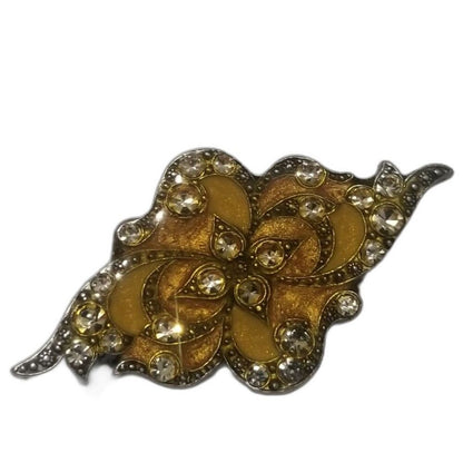 1960s Vintage Enamel Crystal Adorned Floral Yellow Wide Silver Tone Brooch