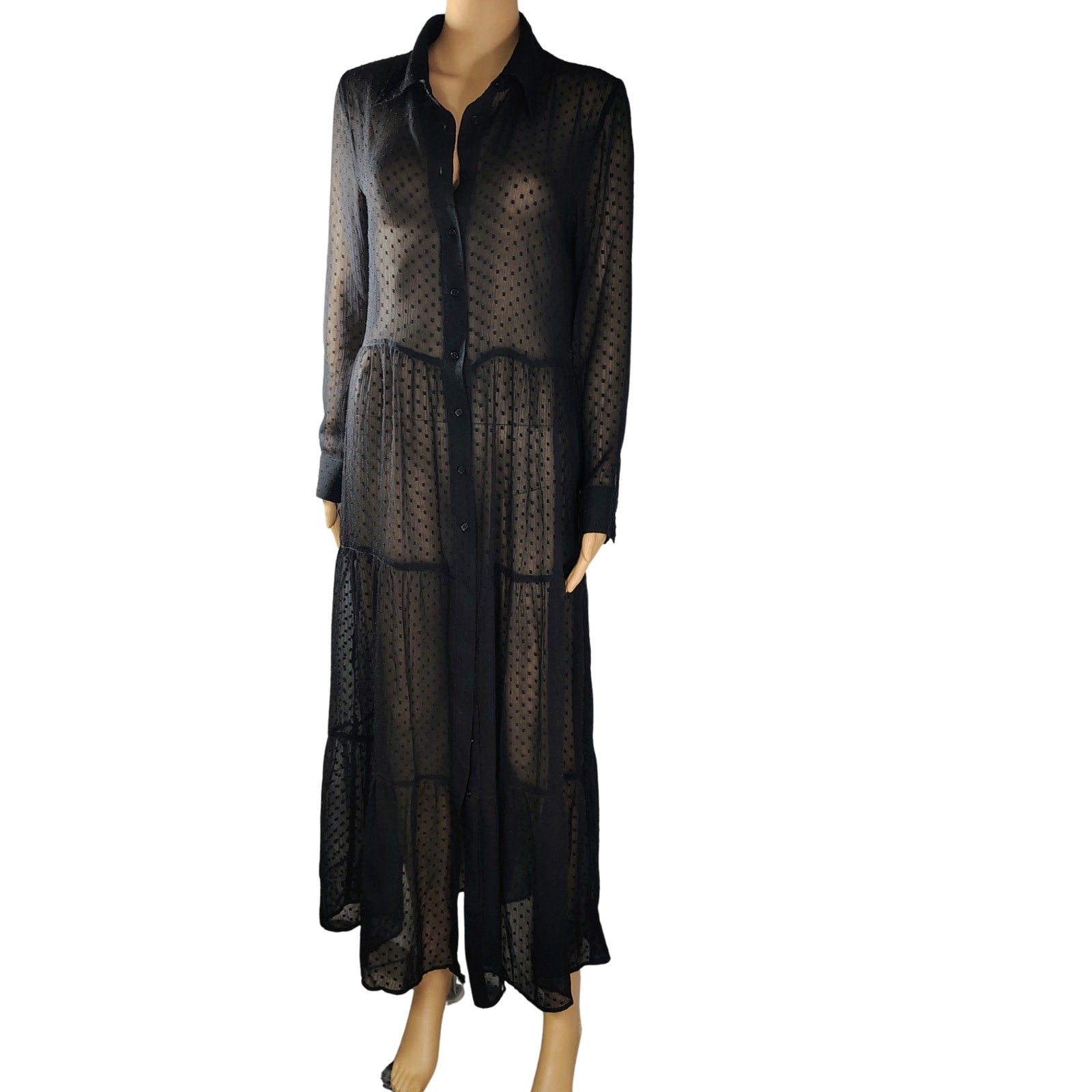 VENUS Black Sheer Polka Dots Button Up Flare Maxi Fold Down Collar Dress Size 8