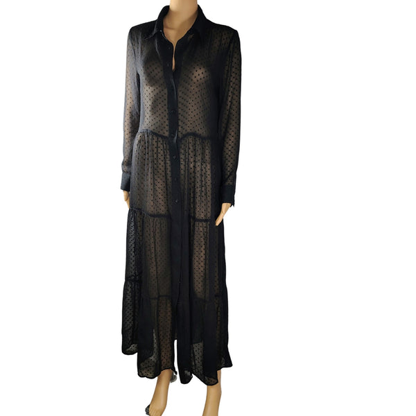 VENUS Black Sheer Polka Dots Button Up Flare Maxi Fold Down Collar Dress Size 8