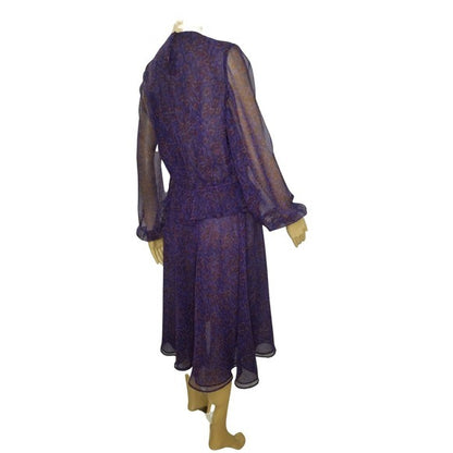 1970s Purple Sheer Leopard Print Peplum Midi Dress Long Sleeve Size 10 [Vintage]