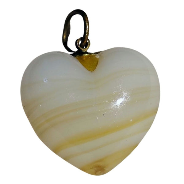 70s Vintage Heart Yellow White Marbled Agate Feels Like Glass Pendant Charm