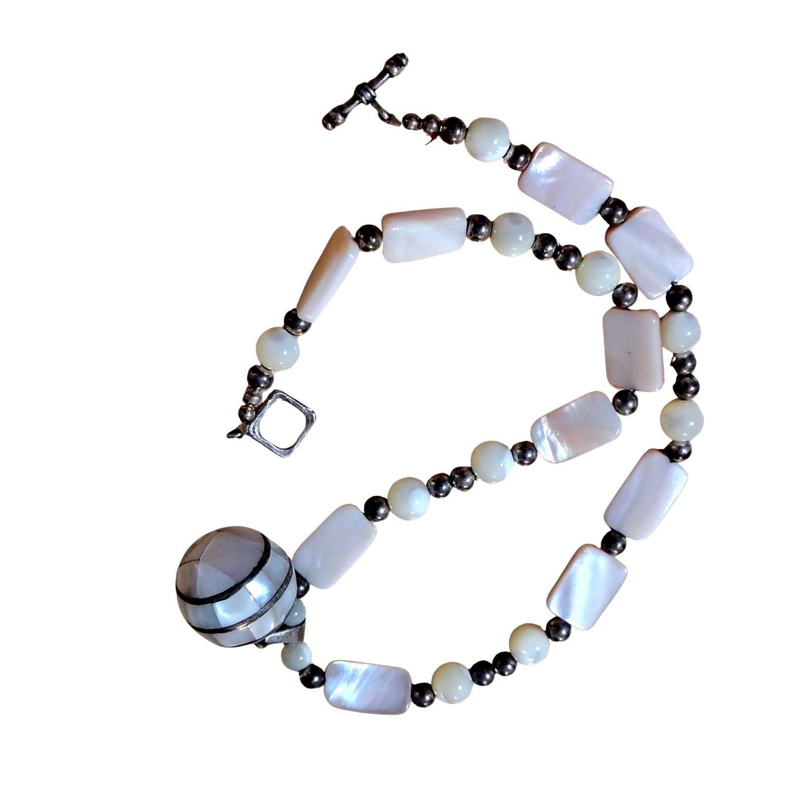 Sterling Silver Pink Mother Pearl Chime Ball Pendant Beaded Necklace [Vintage]