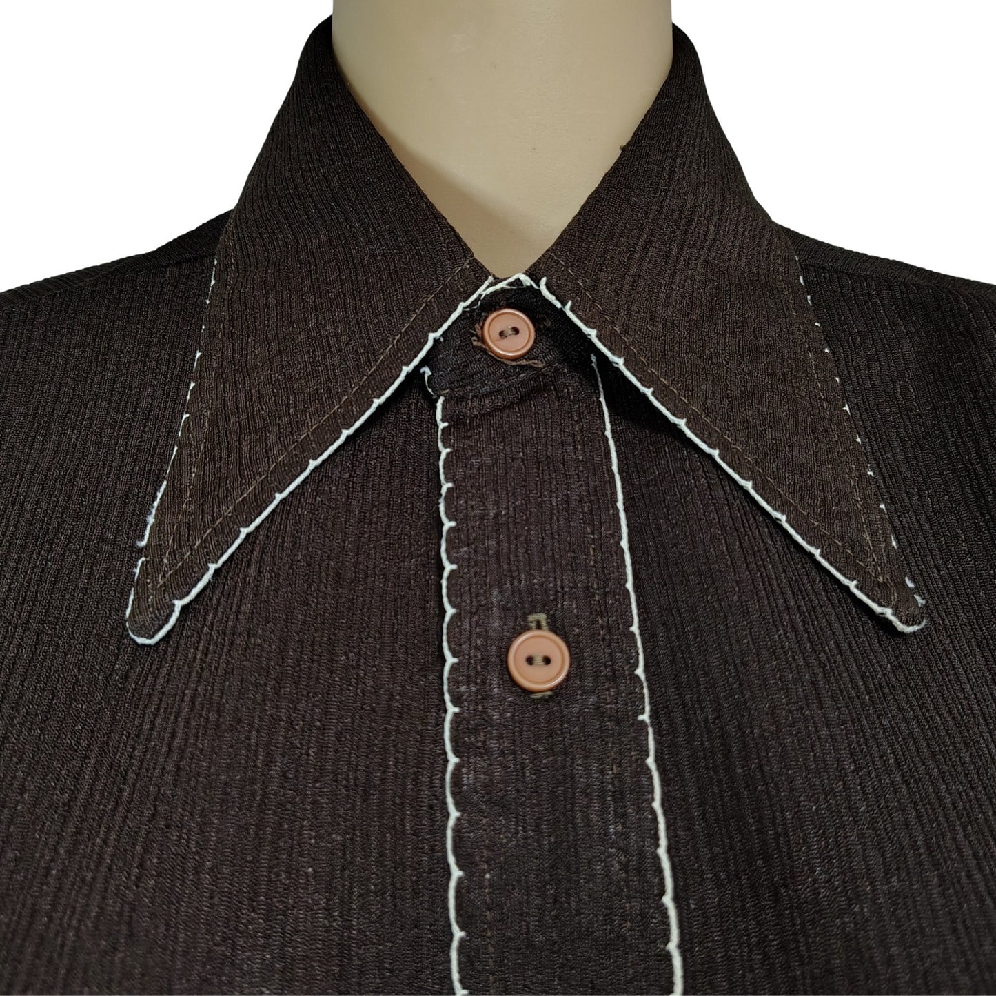 1970s Brown White Embroidered Wingtip Disco Collar Button Up Shirt Size 15 [Vintage]