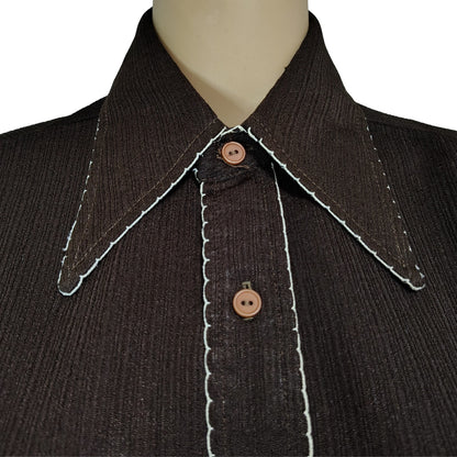 1970s Brown White Embroidered Wingtip Disco Collar Button Up Shirt Size 15 [Vintage]