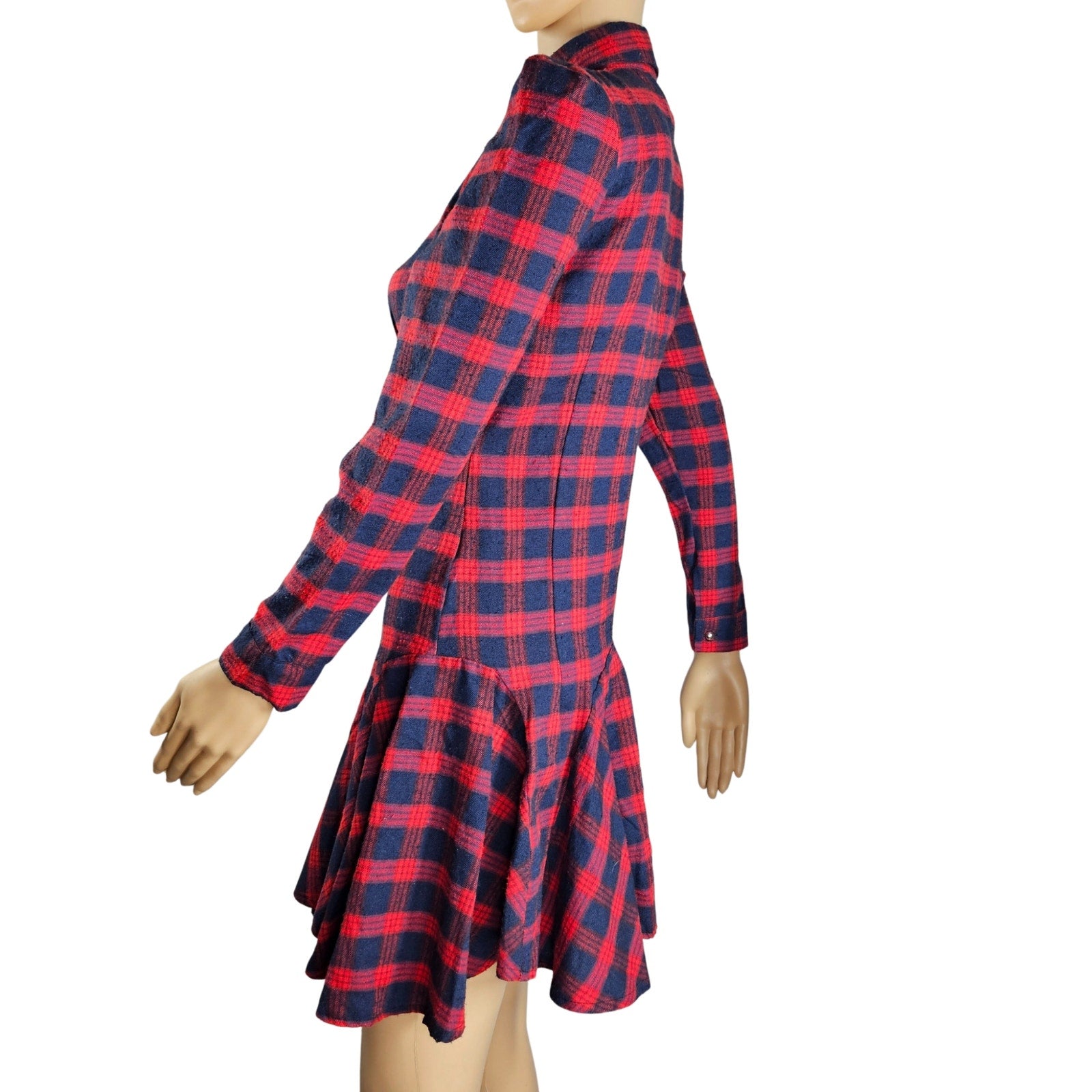 Red Blue Plaid Long Sleeve Button Up Shirt Mini Dress With Circle Skirt Size XS