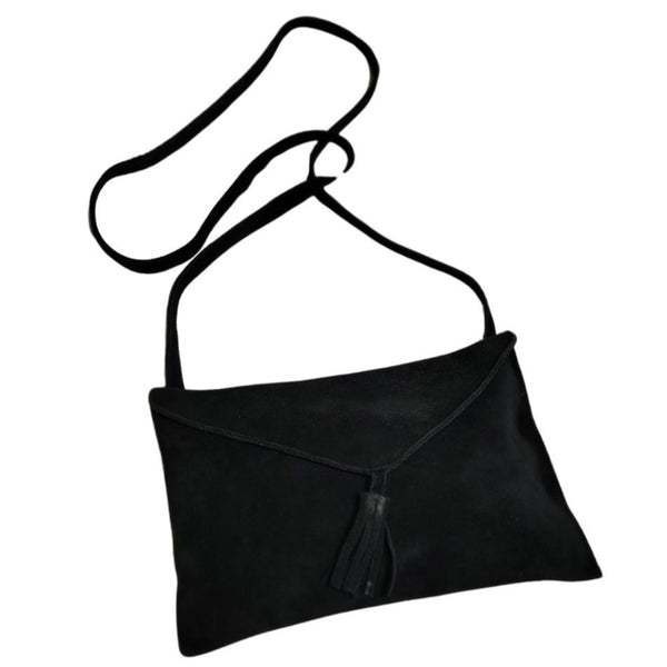 Black Suede Crossbody Envelope Handbag Tassel Magnetic Closure Fold Over Top
