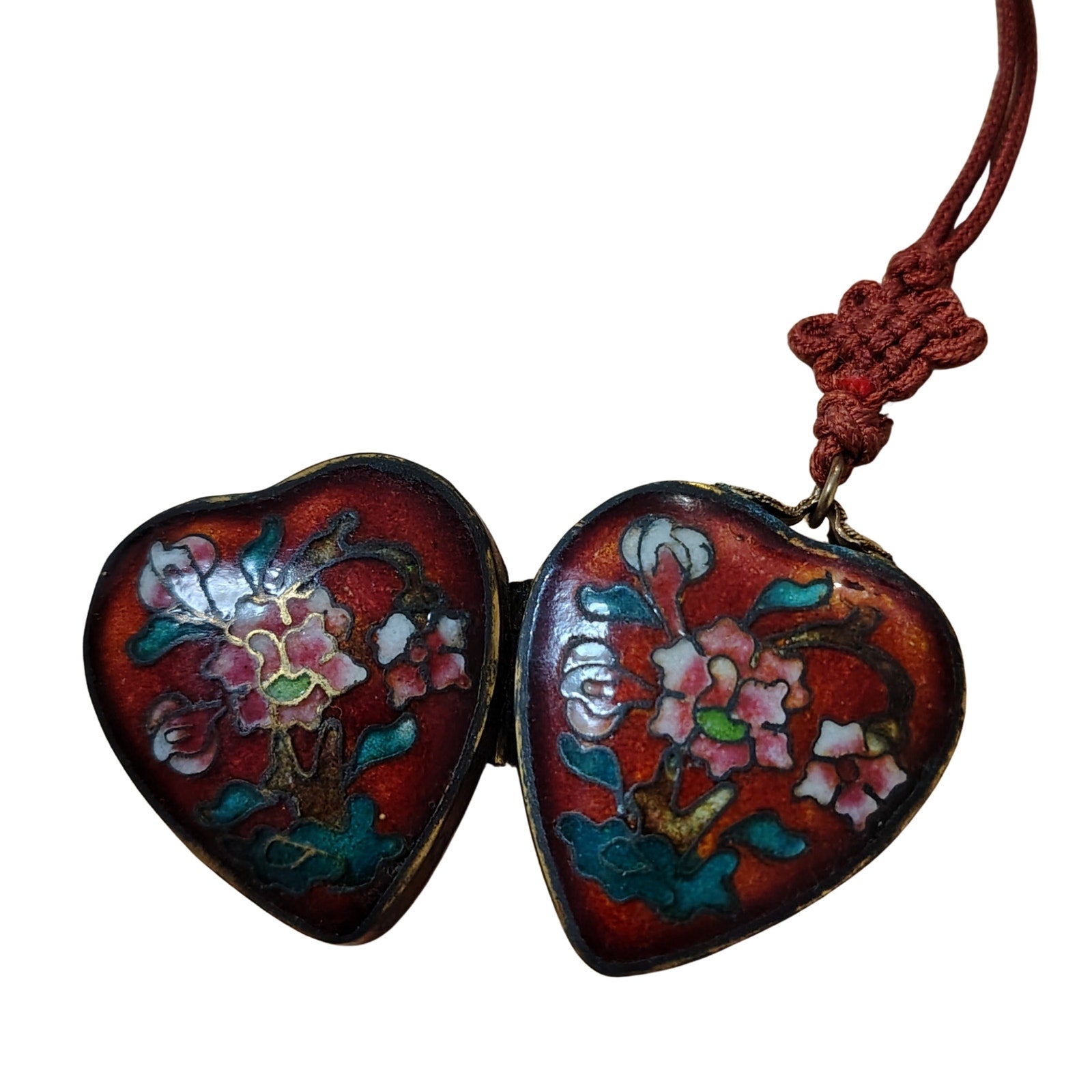 1900s Cloisonne Enamel Red Floral Heart Trinket Locket Pendant Necklace Red Cord [Antique]