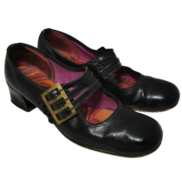 60s Mary Janes Black Leather Square Toe Block Heel Womens Shoes Size 7 [Vintage]