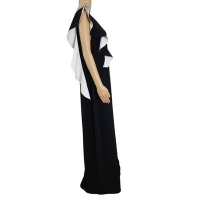 Black Prom Maxi One Sleeve Ruffle Sash High Split Formal Dress Sz Large HALSTON