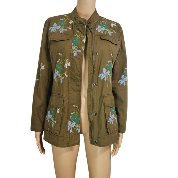 Olive Embroidered Floral Belted Zip Up Utility Standing Collar Jacket Size Medium