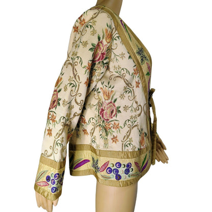 Metallic Thread Custom Beige Quilt Patchwork Floral Kimono Embroidered Size Small
