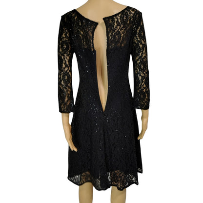 SLNY Black Sequined Illusion Lace Back Keyhole Fit Flare Knee Length Dress SZ 8