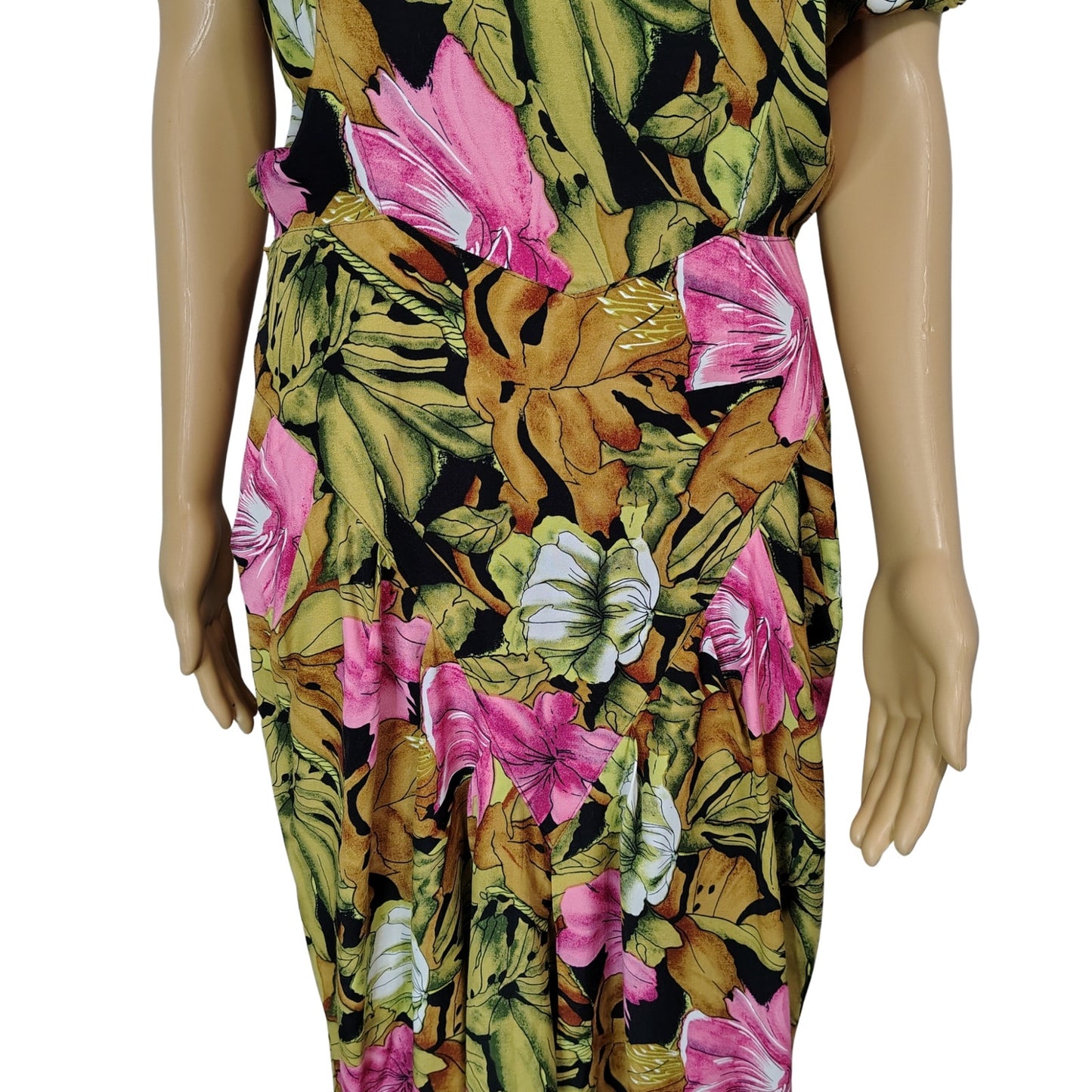 1980s April Rain Tropical Wiggle Dress Shoulder Pads Button Up Back Size Small [Vintage]