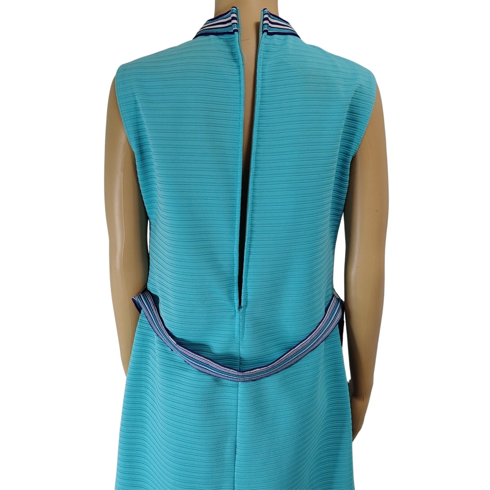 1970s Supreme Turquoise Blue Striped Texture Sleeveless High Neck Dress Size Medium [Vintage]