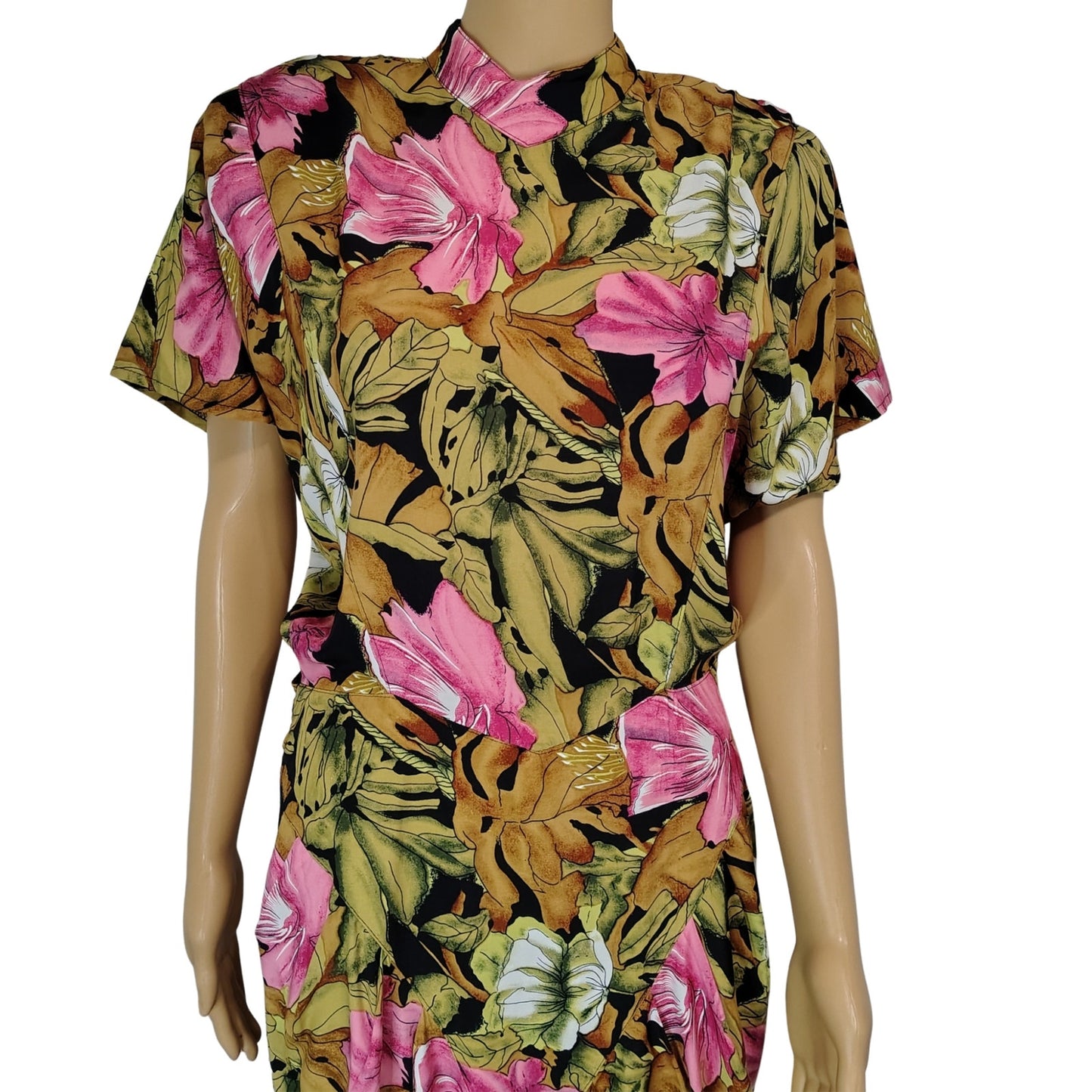 1980s April Rain Tropical Wiggle Dress Shoulder Pads Button Up Back Size Small [Vintage]