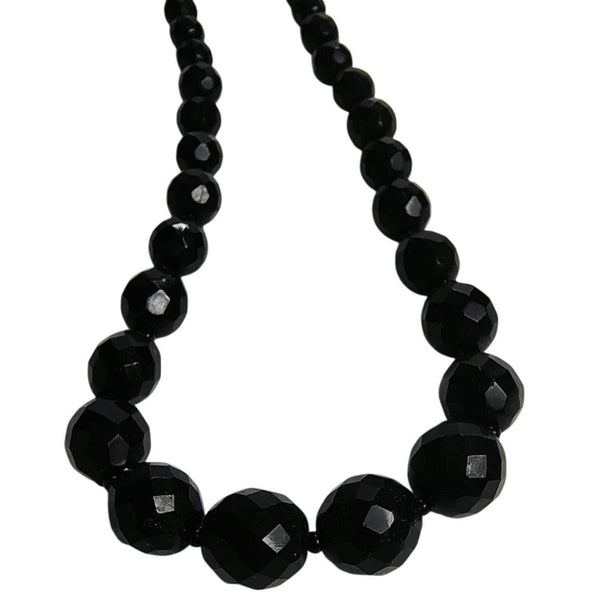 Black Beveled Glass Beaded Vintage Single Strand Necklace Spring Clasp Closurep