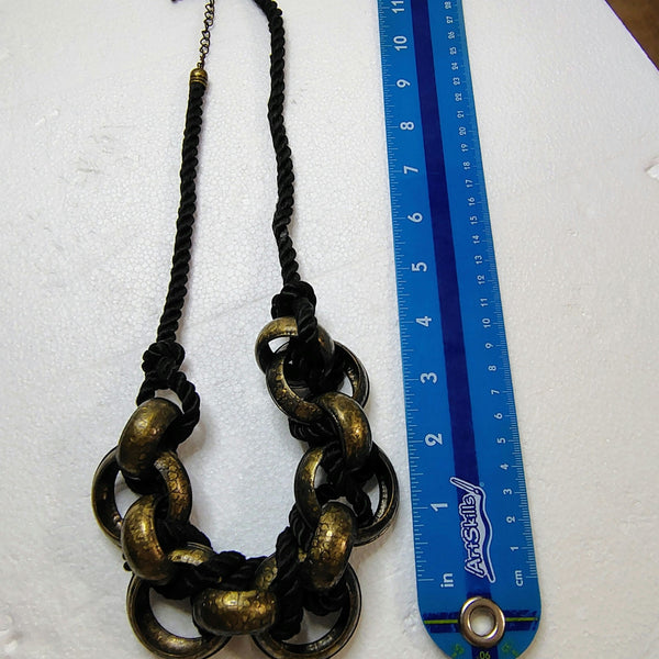Vintage Huge Metal Rings on Black Cord Statement Necklace Adjustable Chain Link