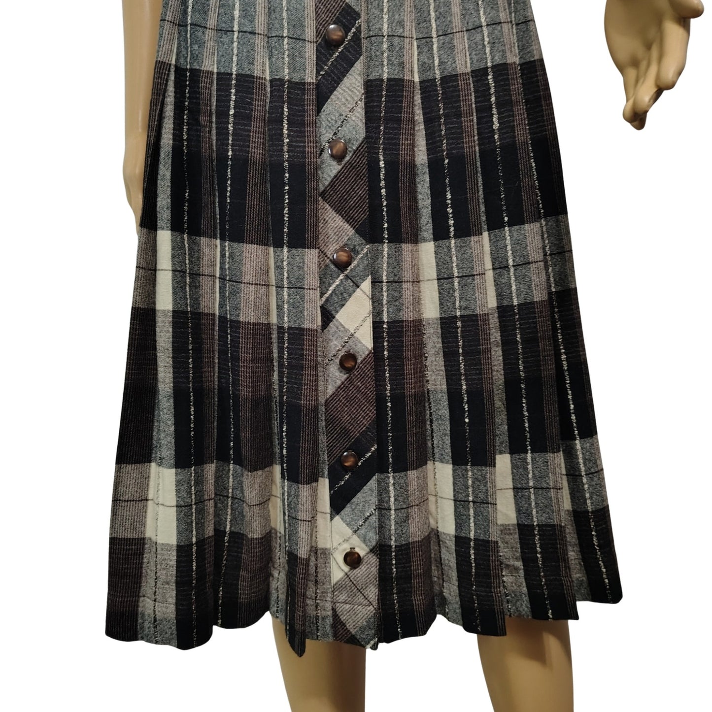 1960s Pleated Brown Plaid Reversible Button Up A Line Skirt Size XS [Vintage]