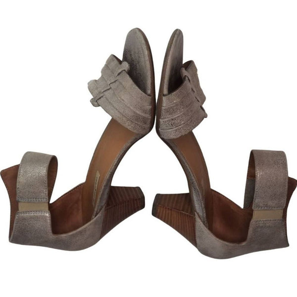 Leather Metallic Gray Strappy Open Toe Ankle Wrap Heels Size 8 [PAUL GREEN]