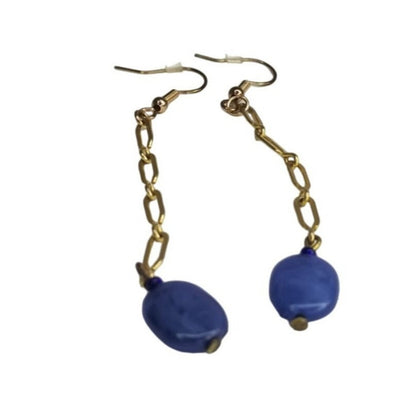 Blue Long Dangling Reclaimed Blue Stones Gold Tone Earrings [HAND CRAFTED]