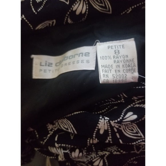 1980s Liz Claiborne Petite Black Long Sleeve Floral Shirt Dress Size 8P [VINTAGE]