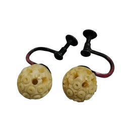 Mid Century Victorian Antique Carved Ivory Cream Bronze Screw Back Clip Earring