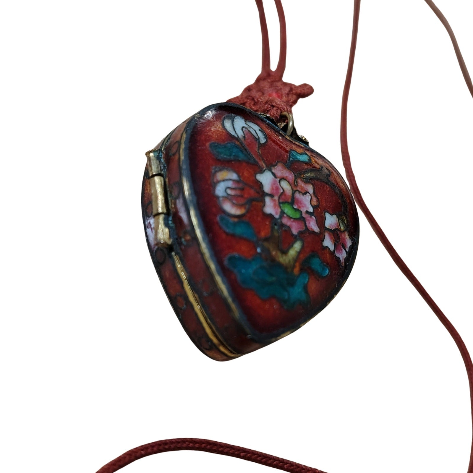 1900s Cloisonne Enamel Red Floral Heart Trinket Locket Pendant Necklace Red Cord [Antique]