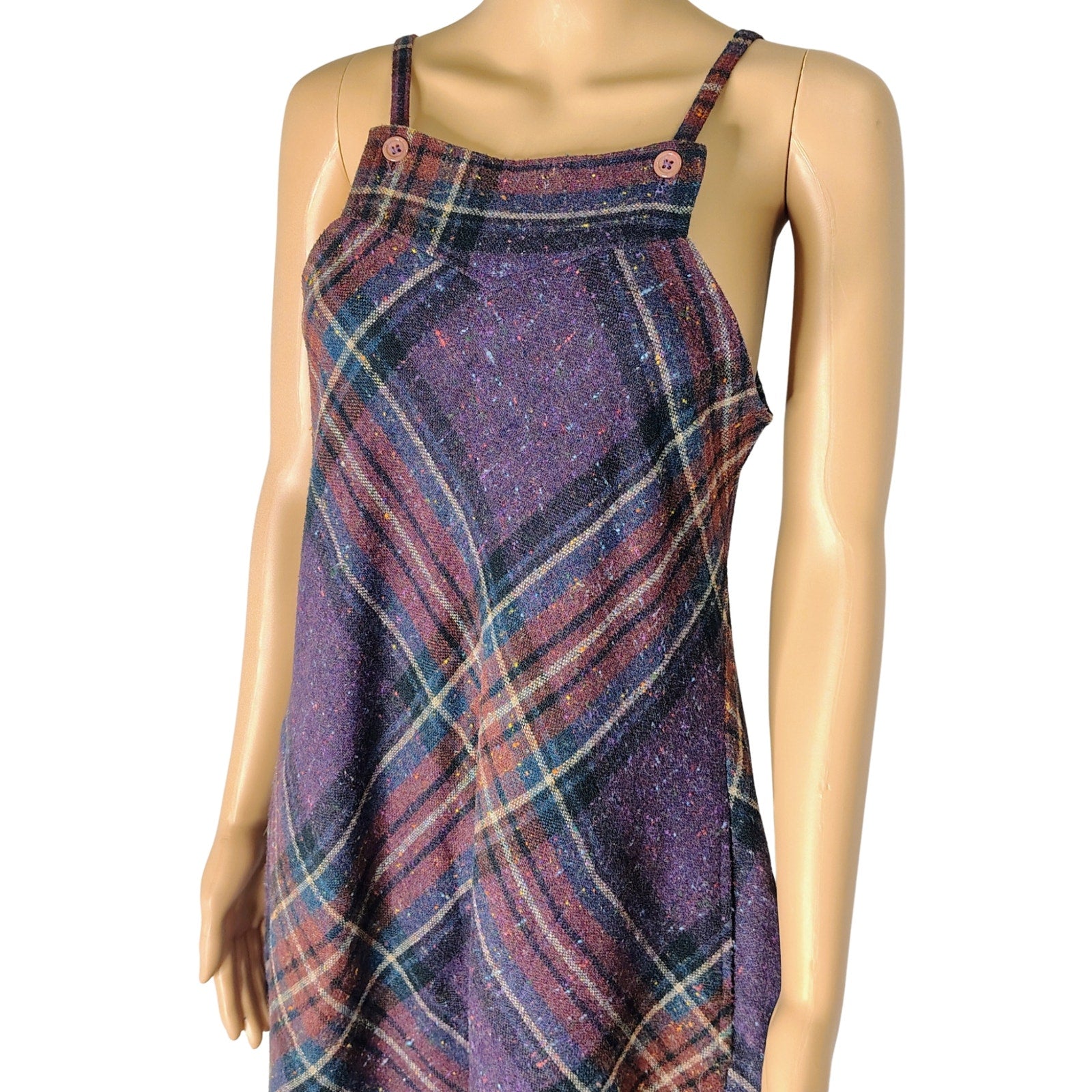 1960s Plaid Spaghetti Strap Overall Bib ALine Sheath Hidden Pockets Dress Size 5 [Vintage]
