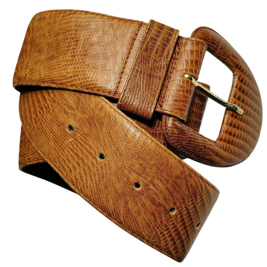 Wide Brown Crocodile Textured Leather Belt Round Belt Buckle Size Large