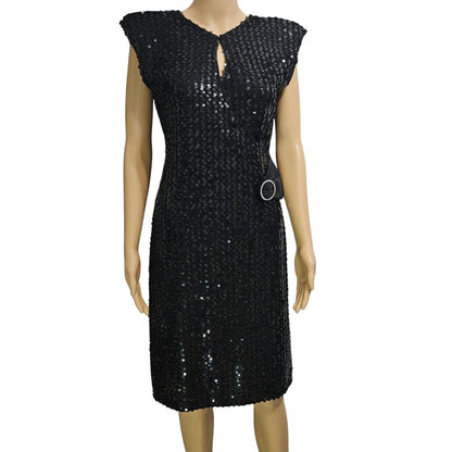 70’s 80’s Frederick’s Hollywood Black Sequin Wiggle Dress Bow Crystals Open Back