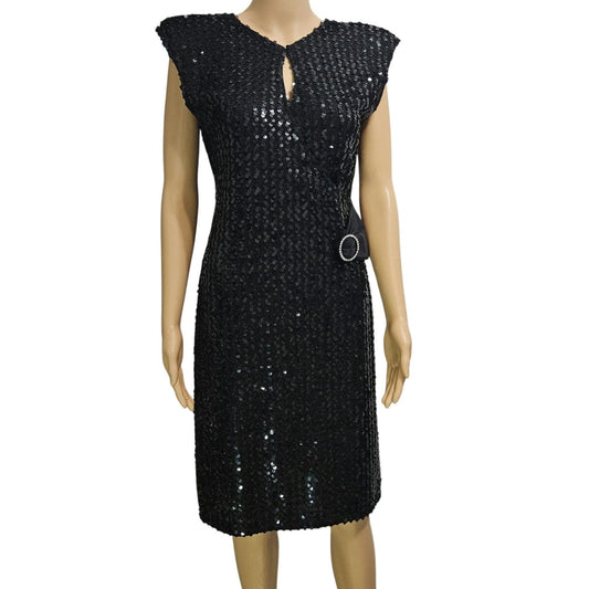70’s 80’s Frederick’s Hollywood Black Sequin Wiggle Dress Bow Crystals Open Back