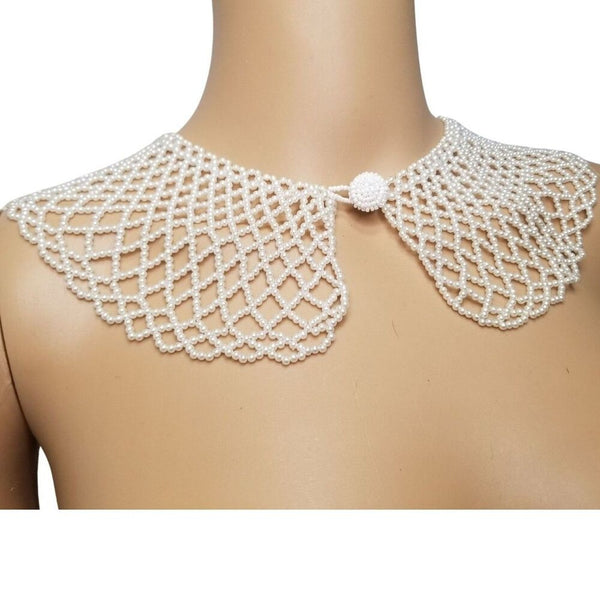 Vintage Faux Mini Multi Size White Pearl Wide Collar Bib Necklace Pearl Button