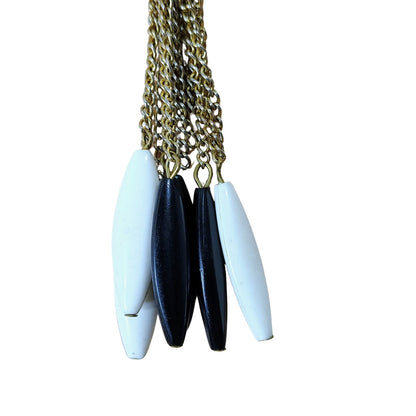 60s Lariat Tie Necklace Black White Oblong Beads Gold Tone Spacers Chain [Vintage]