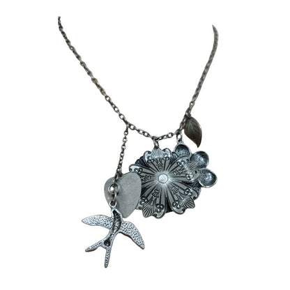 Vintage Floral Bird Heart Charm Necklace Silver Tone Chain Link 19 Inch