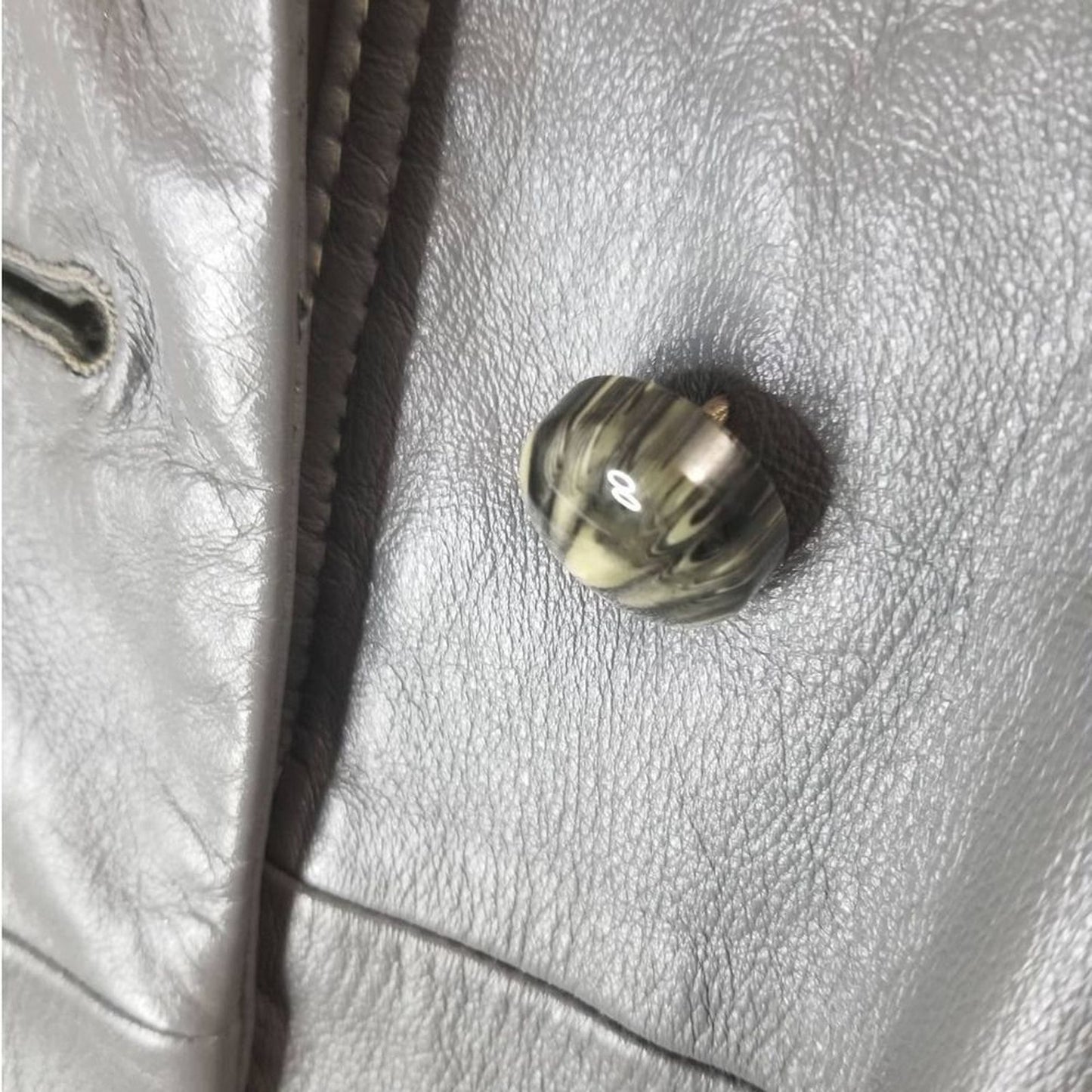 1970s Gray Belted Long Leather Trench Coat Collar Big Pockets Size Med Vintage