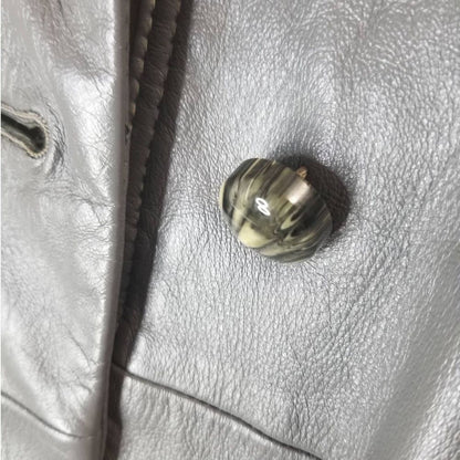 1970s Gray Belted Long Leather Trench Coat Collar Big Pockets Size Med Vintage