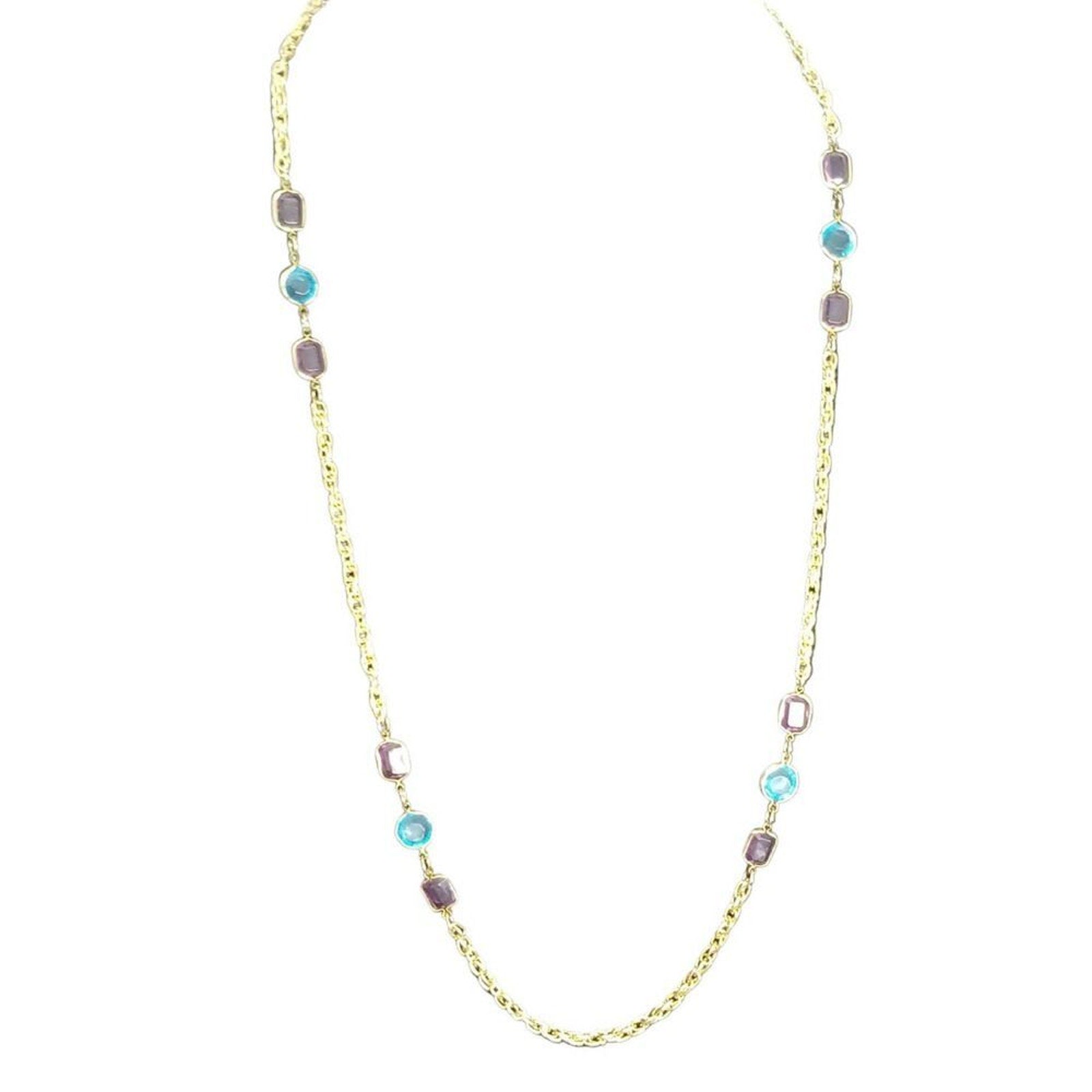Blue Purple Gold Plated Glass Beads Chain Link 30" Long Costume Jewelry [VINTAGE]
