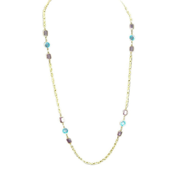 Blue Purple Gold Plated Glass Beads Chain Link 30" Long Costume Jewelry [VINTAGE]