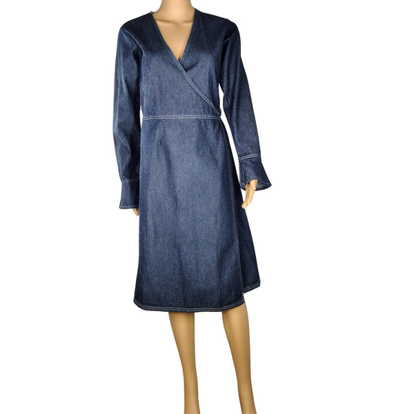 1990s Blue Denim Wrap Dress Long Sleeve Ruffle Cuff Fit Flare by RAG Size Small [Vintage]