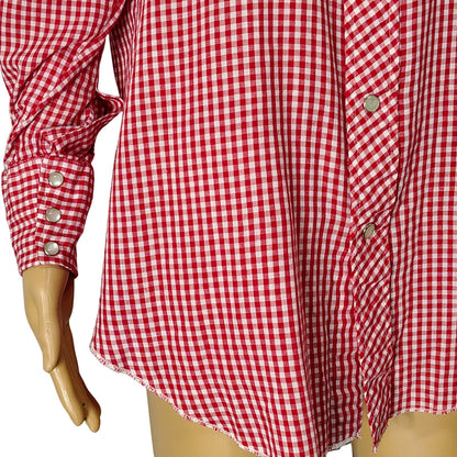 Ranchwear H Bar C Red White Checker Plaid Button Up Shirt Pearl Snaps  Size 16.5 [Vintage]