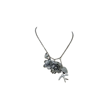 Vintage Floral Bird Heart Charm Necklace Silver Tone Chain Link 19 Inch