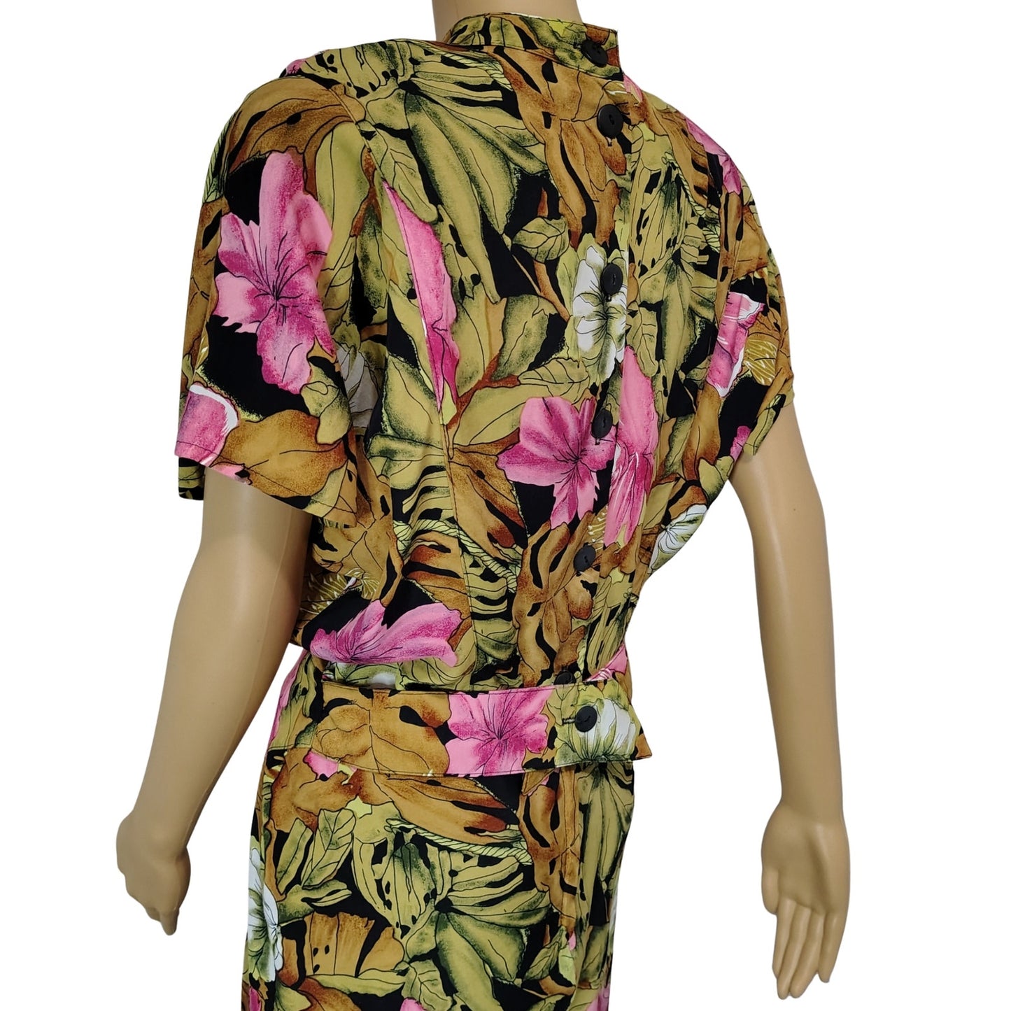 1980s April Rain Tropical Wiggle Dress Shoulder Pads Button Up Back Size Small [Vintage]