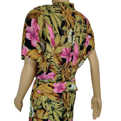 1980s April Rain Tropical Wiggle Dress Shoulder Pads Button Up Back Size Small [Vintage]