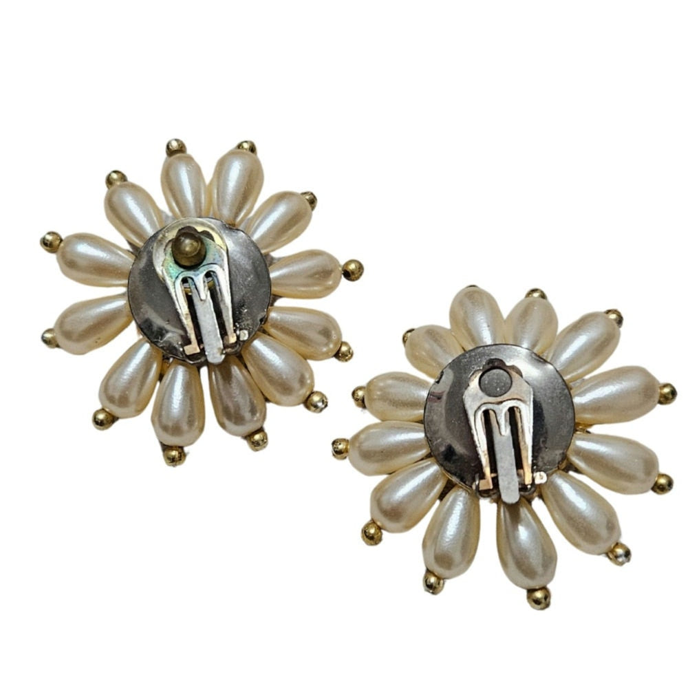 1960s Faux Pearl Cluster Huge Flower Clip-On Earrings with Gold Metal Details [Vintage]