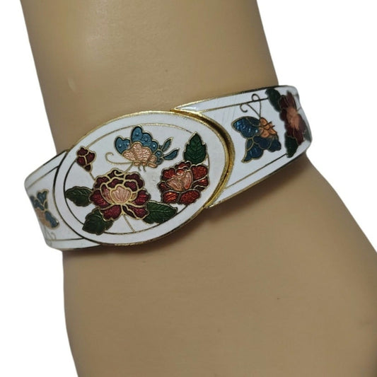 White Enamel Cuff Butterfly Floral Gold Cloisonne Bracelet Flowers [Vintage]