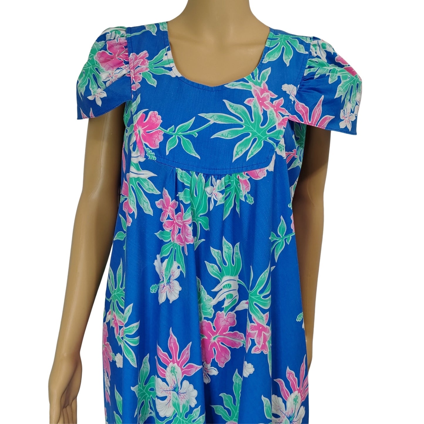 1970s Blue Hawaiian Pink Floral Pullover Caftan House Dress Cap Sleeves Wide Loose Fit [Vintage]